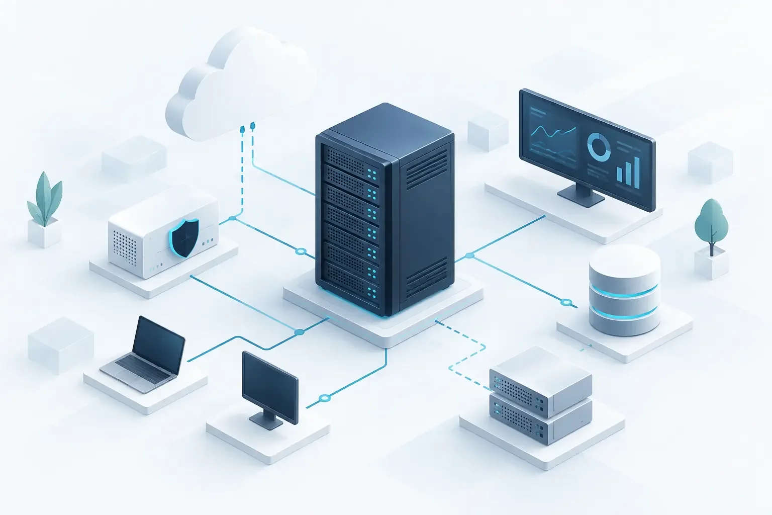 Infrastructure informatique interconnectée avec serveurs, réseau, stockage, cloud et supervision